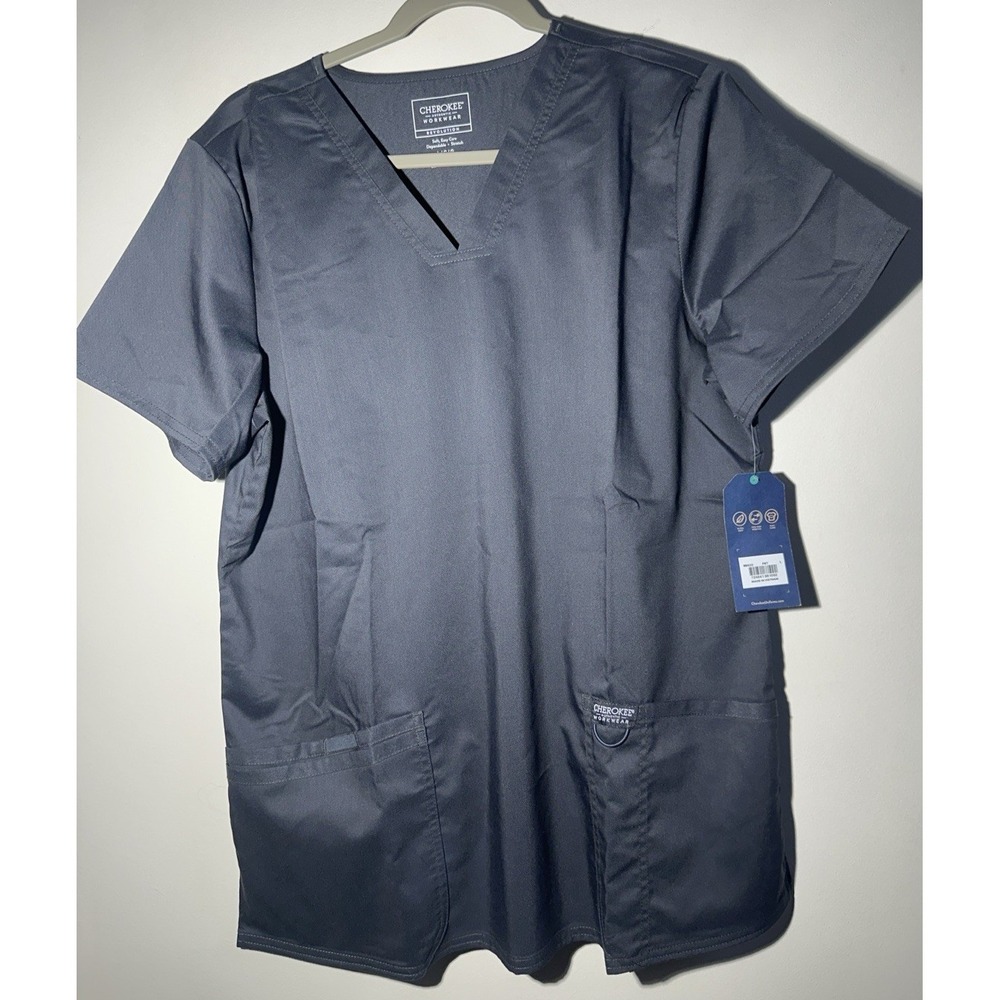 Cherokee Workwear Pewter Gray V-Neck Scrub Top Sz Large NWT